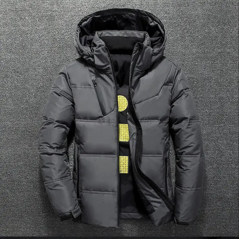 Men's gray duck-down puffer jacket with hood for winter warmth