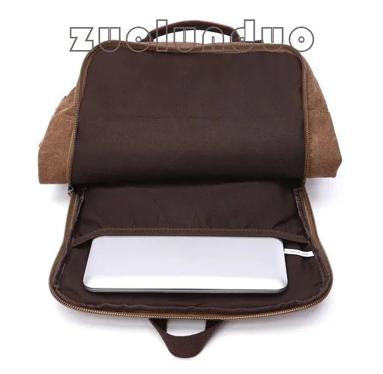 Vintage canvas backpack for men by Simples Market in brown, large-capacity laptop and travel bag.
