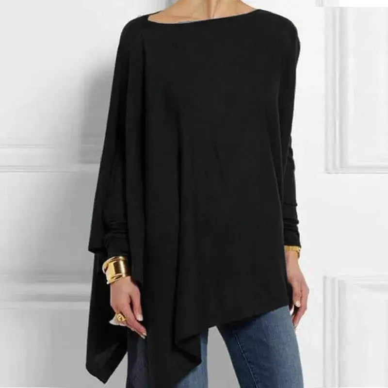 Cotton irregular women blouse in black with long sleeves and asymmetrical hem