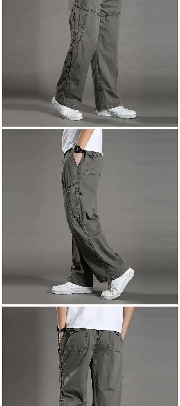 Men's gray cargo pants in cotton workwear with multiple pockets, relaxed fit, size 6XL, casual jogger style