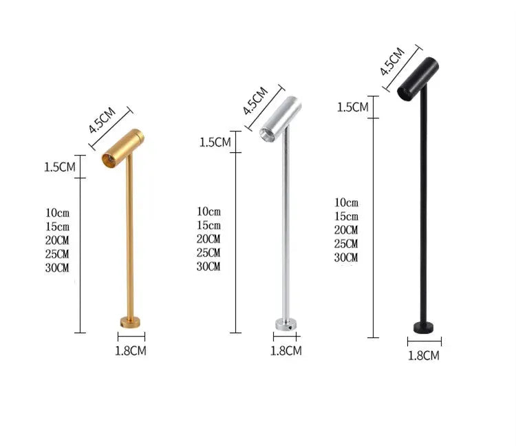 Simples Market LED jewelry display post lamps gold, silver, black; rotatable 3W/12V spotlight, 10–30 cm, 3 lamps