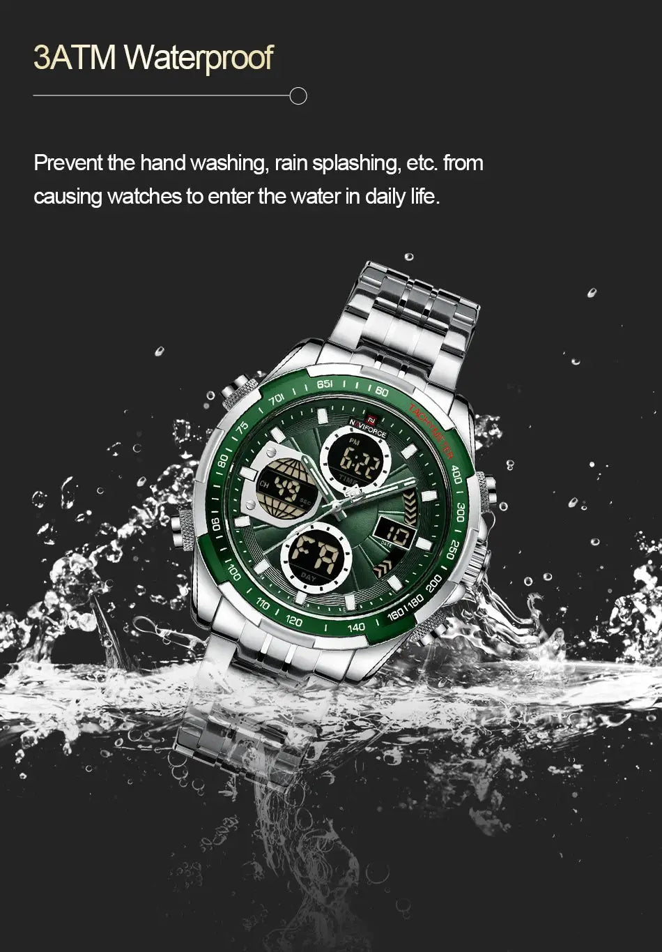 NAVIFORCE men's stainless steel sport watch with green bezel, waterproof, luminous dual-display