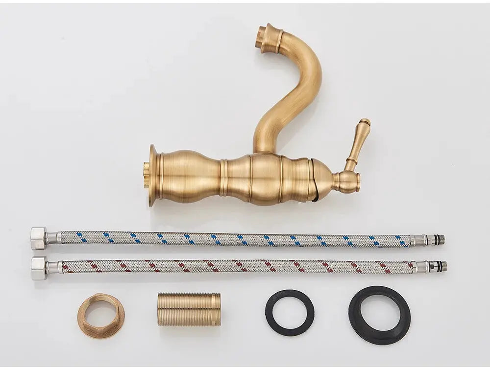 POIQIHY antique brass deck-mounted basin sink faucet with single-hole setup and two braided hoses, Simples Market.