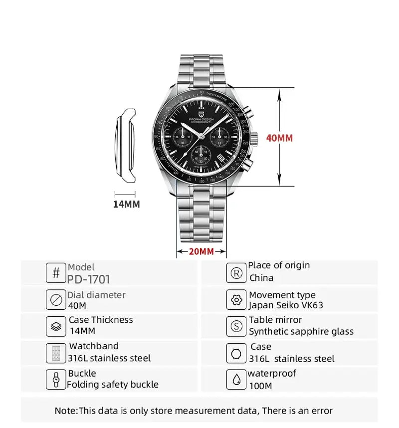 Pagani Design Tribute CK2998 Moon Watch in stainless steel with black chronograph dial and tachymeter bezel