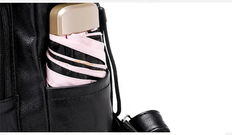 Yogodlns Luxury PU Leather Backpack for Women, black with pink umbrella in the side pocket