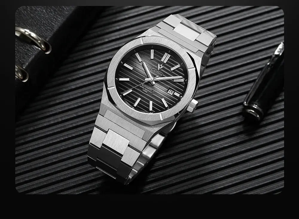 CADISEN diver watch, sapphire crystal, stainless steel bracelet, black striped dial, Miyota 8215 automatic.