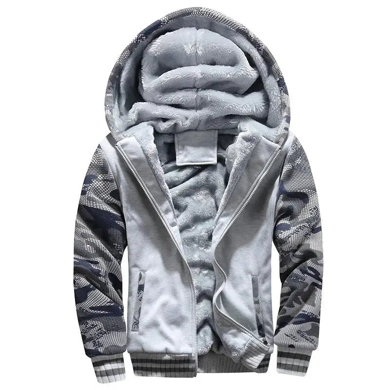 Men's camouflage fleece-lined jacket with hood, zip-front and ribbed cuffs