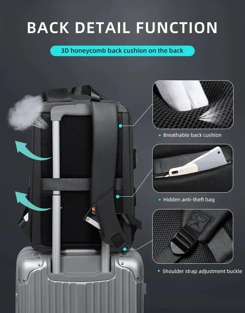 Fenruien black laptop backpack with anti-theft pocket, breathable 3D honeycomb back cushion and shoulder strap buckle.