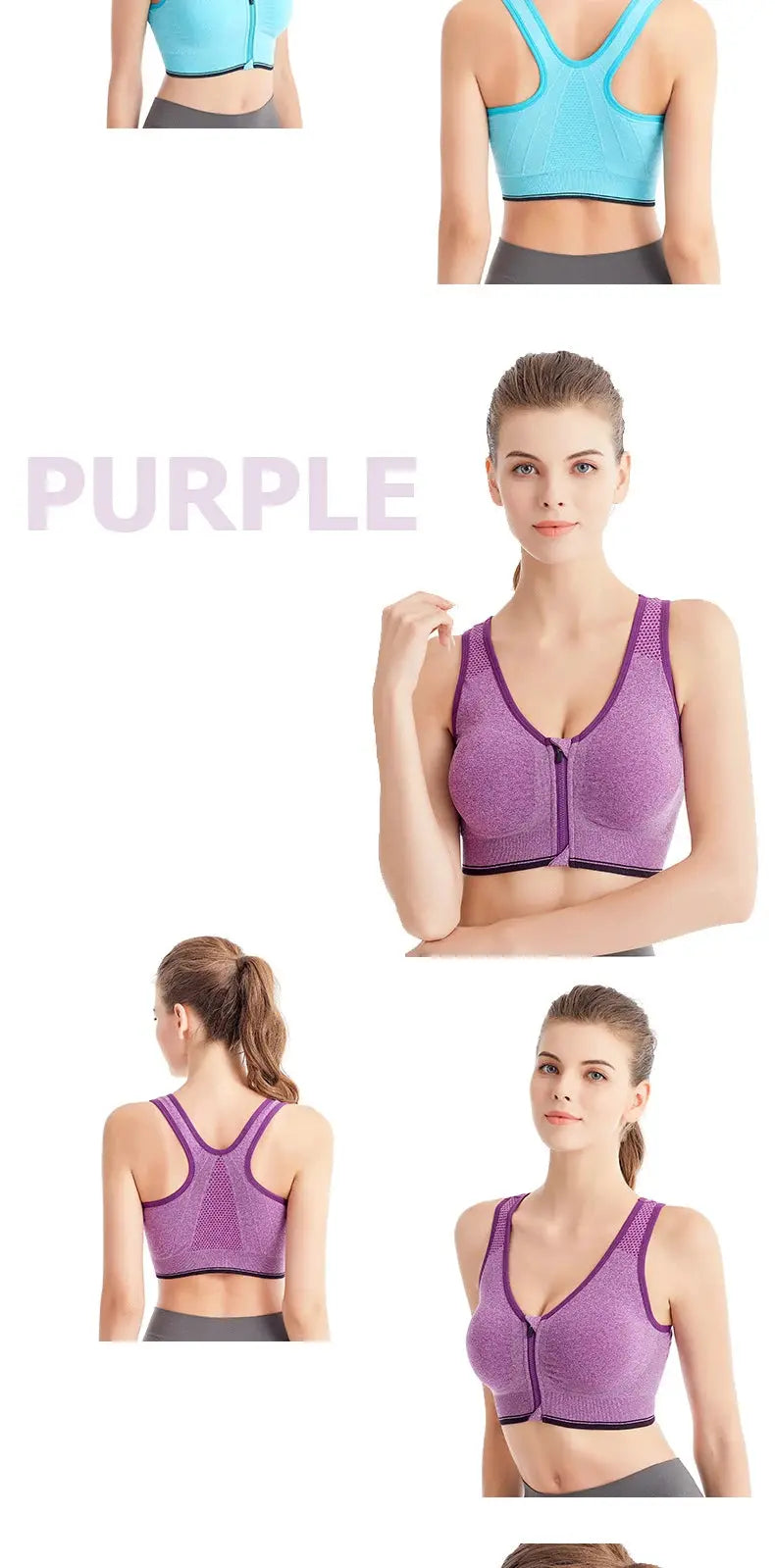 Women's front-zip sports bra purple, seamless, breathable, no underwire for running