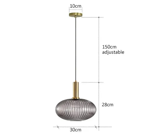 Simples Market retro glass pendant lamp with ribbed grey shade and gold fitting, 30 cm Ø, 150 cm adjustable cord, E27