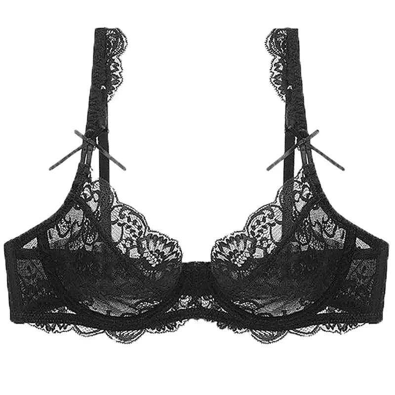Black lace bra with sheer mesh cups from Simples Market, featuring bow accents and scalloped edges