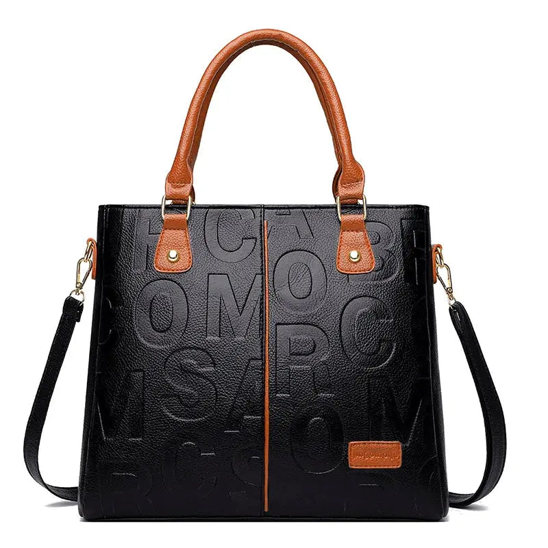 Simples Market PU leather crossbody tote bag for women, black with tan handles and detachable strap