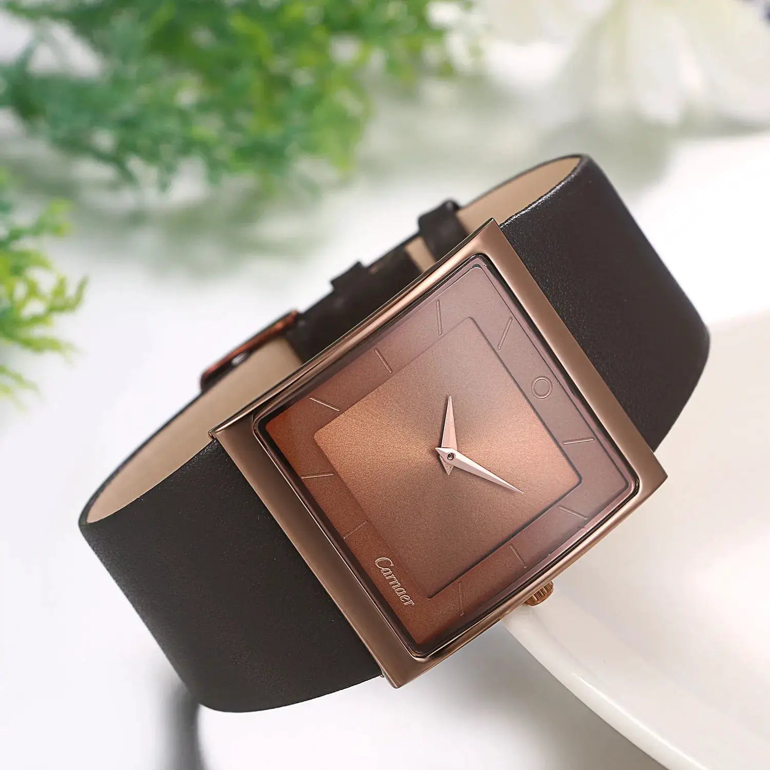 Lancardo men's square rose-gold watch with brown dial and genuine leather strap