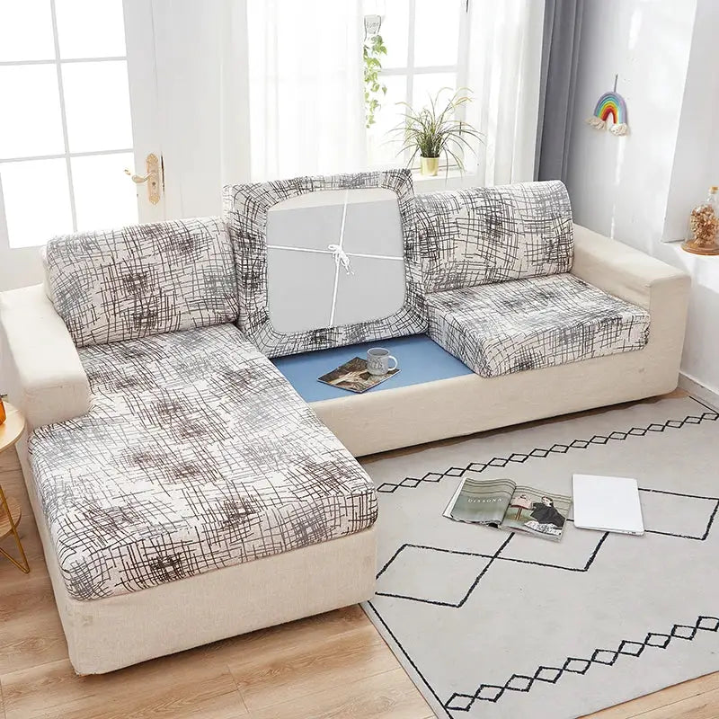 Geometric print corner sofa cover; elastic stretch slipcover in beige/gray protects furniture from pets