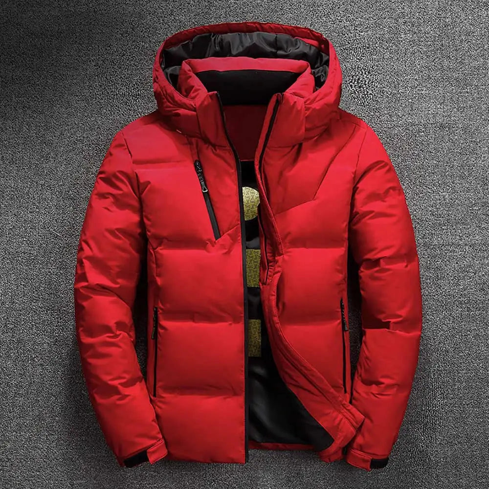 Men's red winter puffer jacket with hood by Simples Market