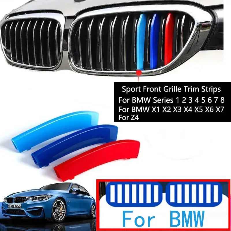 3Pcs Front Grille Trim Strips for BMW by Simples Market; blue, light blue and red trims for the kidney grille.