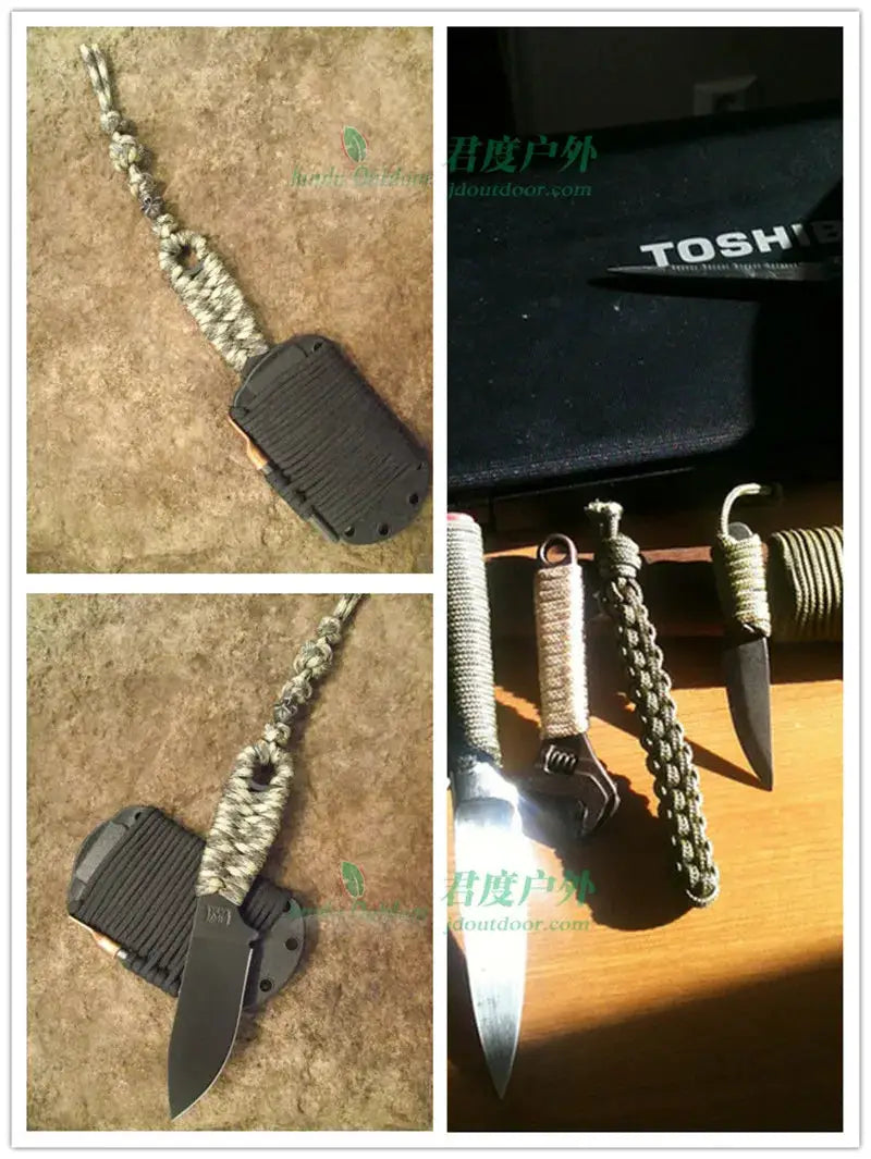 Military 550 paracord rope by Simples Market, 4mm nylon cord in gray, shown with several paracord-wrapped knife handles.