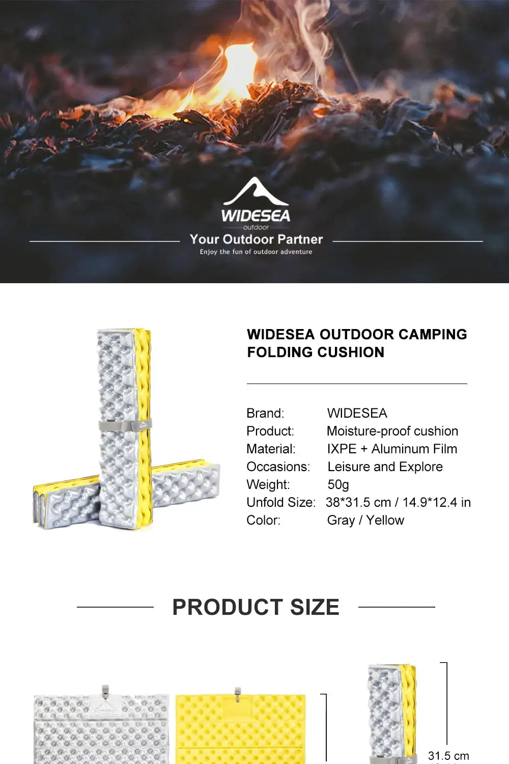 WIDESEA outdoor camping folding cushion in gray and yellow, IXPE + aluminum film.