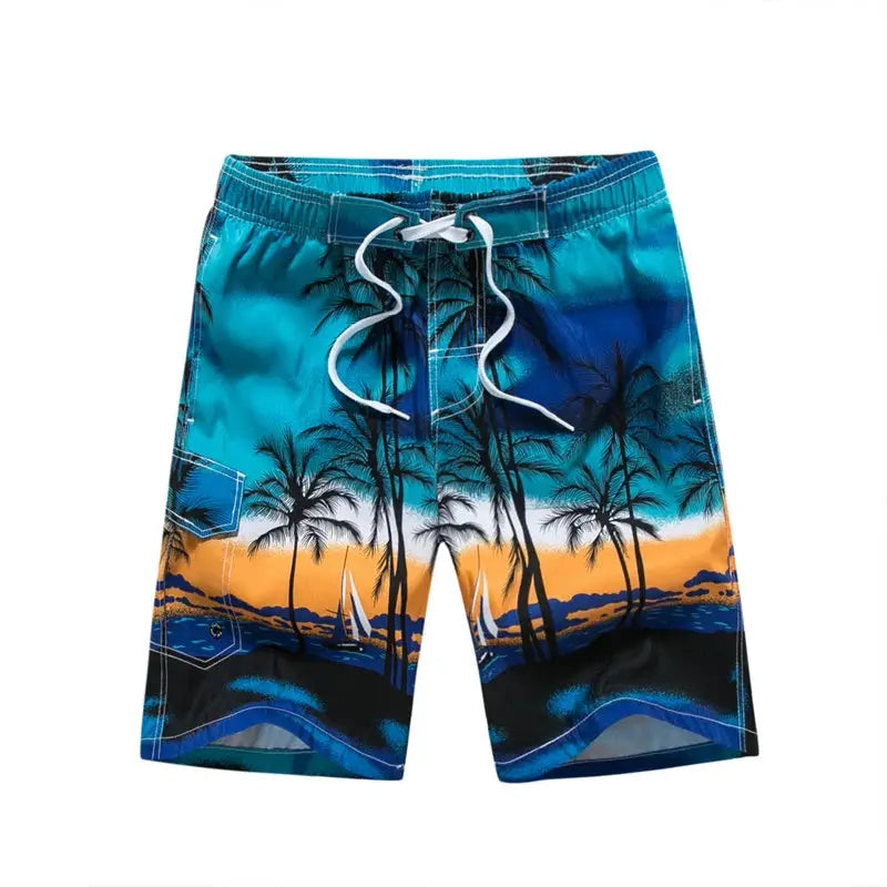 Men's surf board shorts with tropical palm sunset print, blue to orange gradient, white drawstring, plus size 4XL–6XL