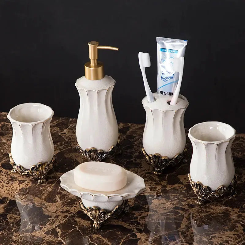 Simples Market European-style white ceramic bathroom five-piece set with bronze bases.