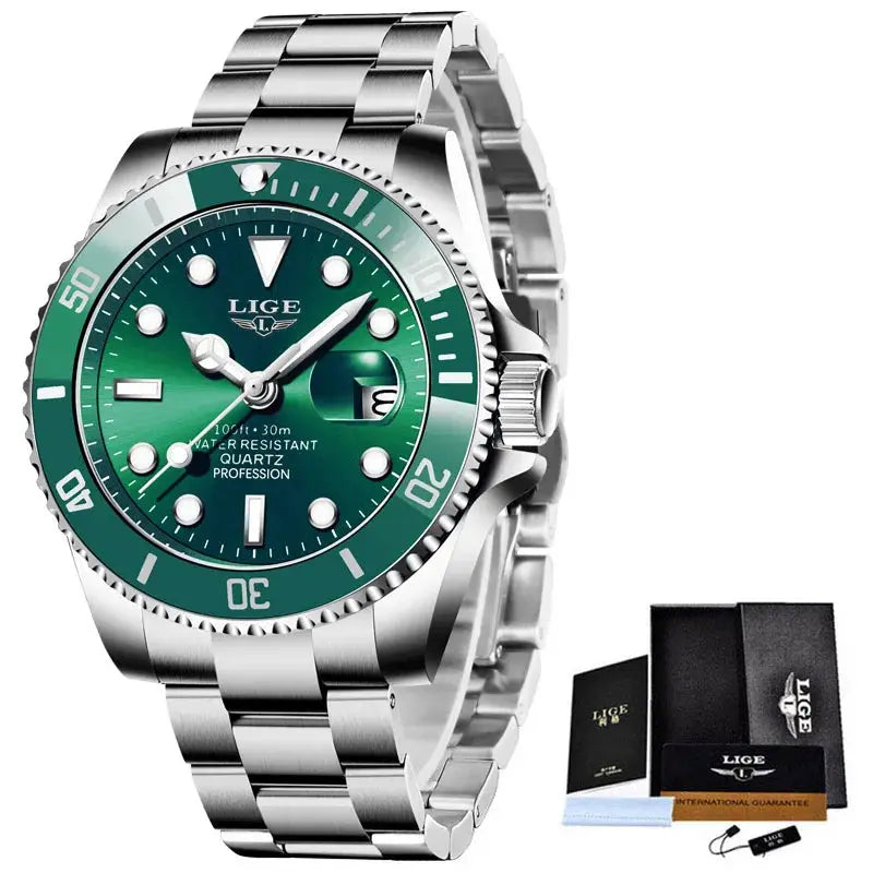 LIGE Luxury Fashion Diver Watch For Men 30ATM Waterproof Quartz Date Stainless Steel Wristwatch
