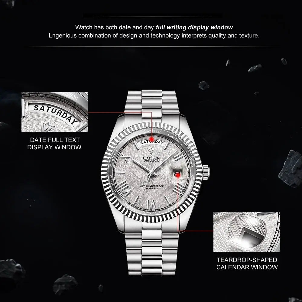 CADISEN stainless steel men's mechanical watch with meteorite dial and day/date window