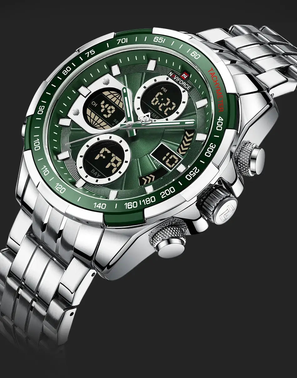 Naviforce men's stainless steel sport watch with green bezel and dual digital-analog display.