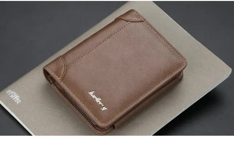 Simples Market PU leather men's wallet with zipper, brown compact design, card holder and coin pocket