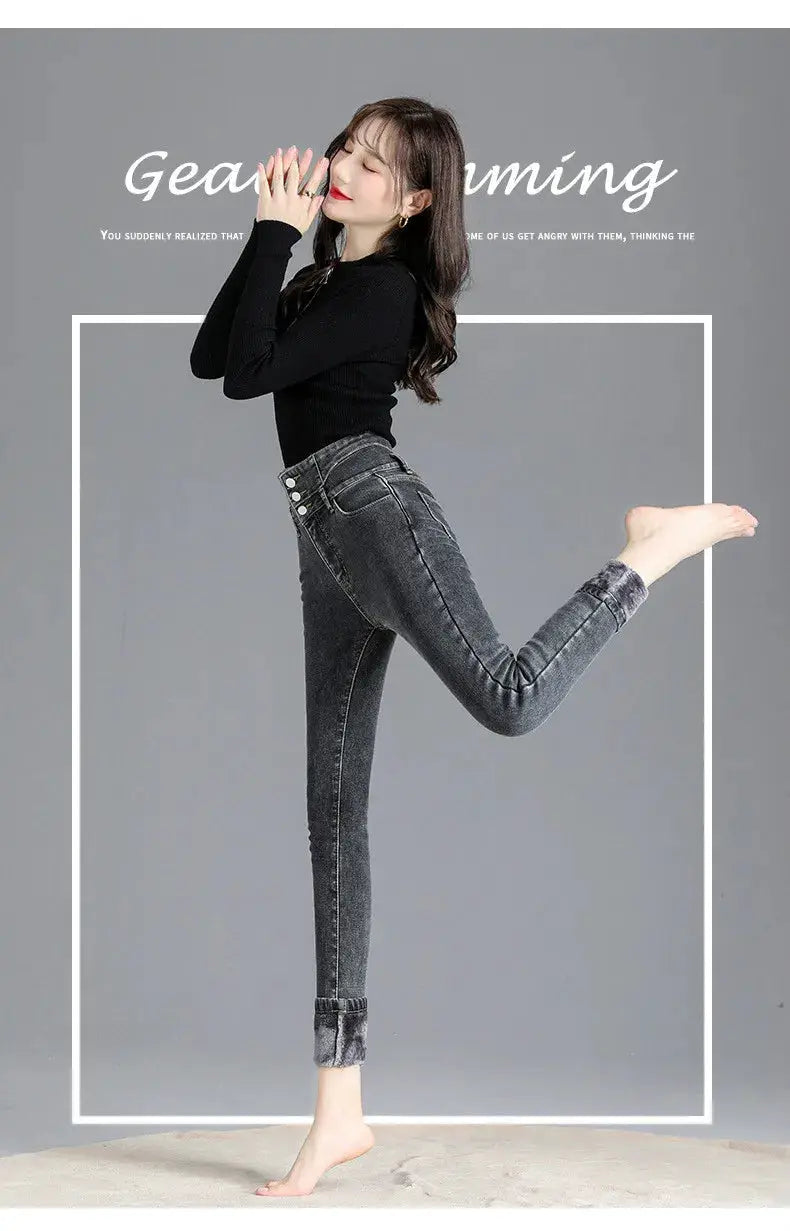 Thermal Winter Thick Fleece High Waist Stretch Skinny Jeans For Women