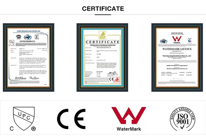 Simples Market chrome kitchen faucet: three framed certificates with UPC, CE, WaterMark, ISO 9001 logos