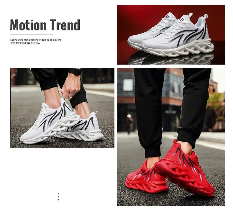 Social Shoe male mesh breathable running shoes, white and red colorways shown (3 pairs)
