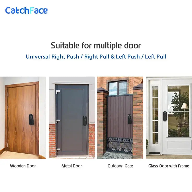 R5 PRO black smart door lock with TTLock app; rust-proof coating shown on wooden, metal, outdoor gate and glass doors