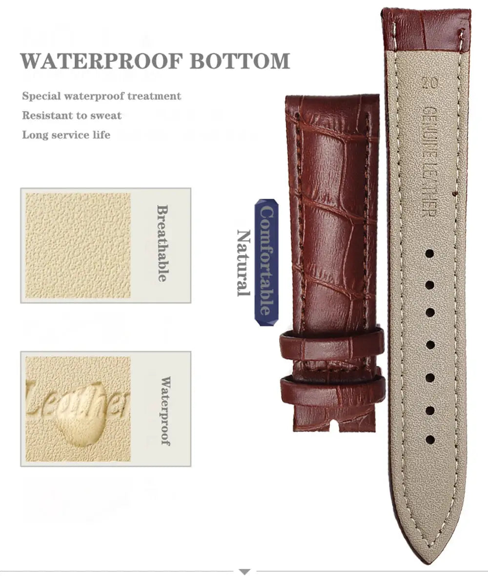 Premium genuine leather watchband in brown with crocodile texture and beige lining, 12–24 mm sizes, includes tool