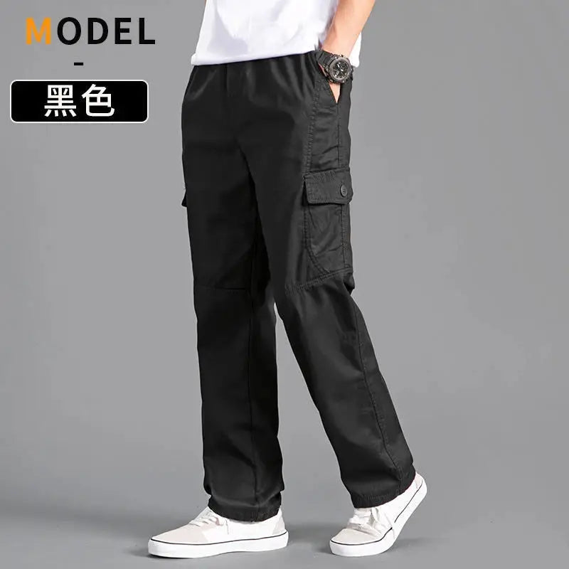 Men's black cotton cargo pants with multiple pockets, workwear joggers, size 6XL