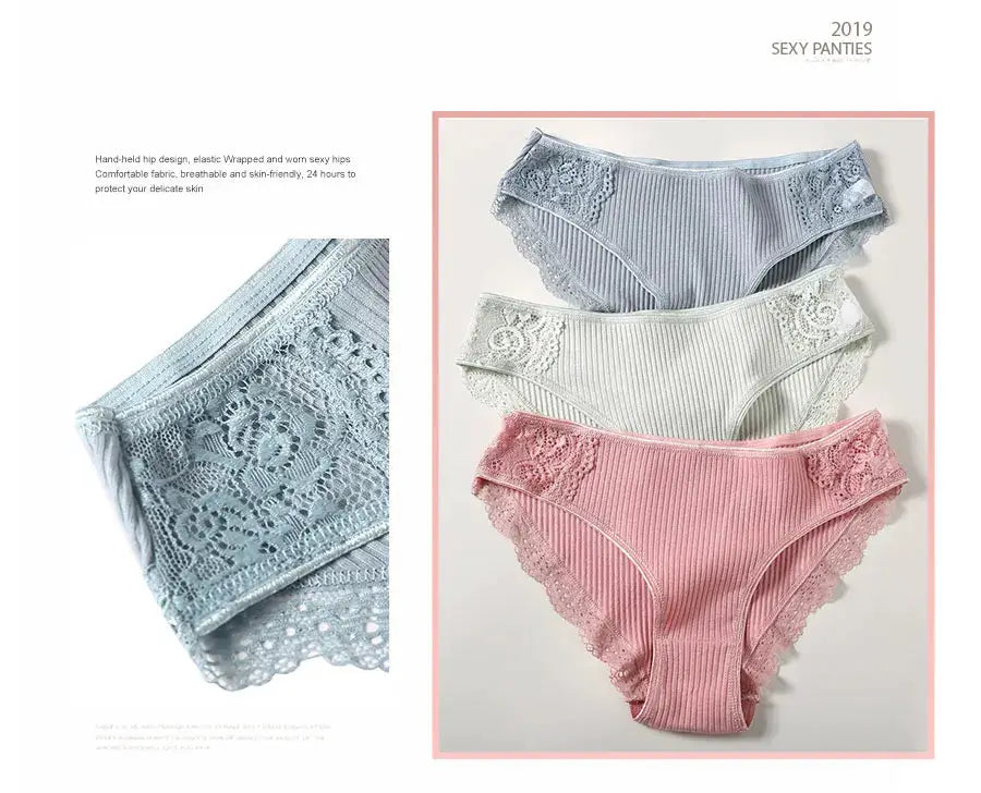 Three-piece set of women's low-rise cotton panties with lace patchwork in blue, white, and pink.