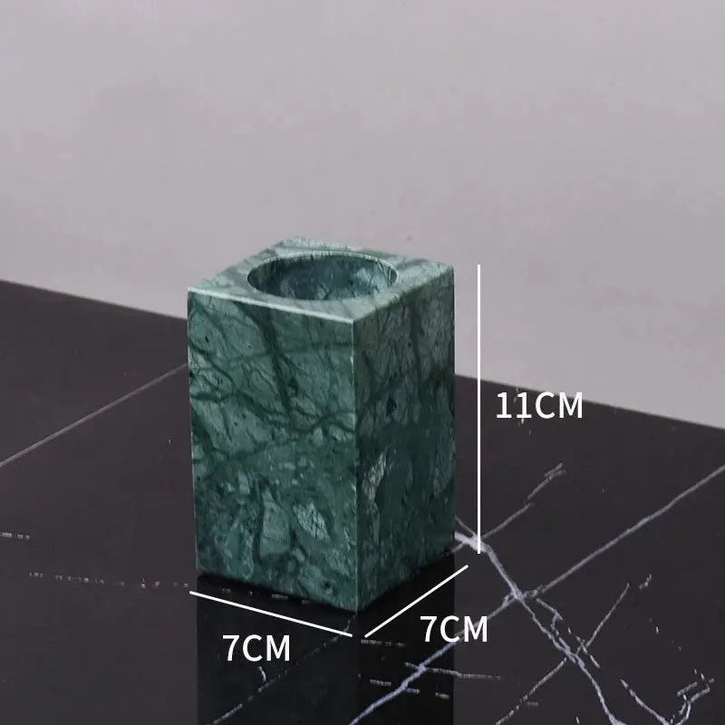 Green marble bathroom accessory cube with circular top opening; 11 cm tall, 7 cm square