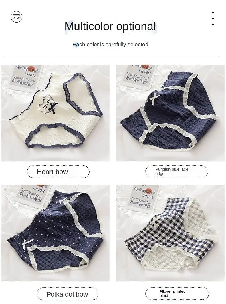 Cotton women's mid-waist seamless panties, four colorways with lace trim: heart bow, navy lace, polka dot navy, plaid.