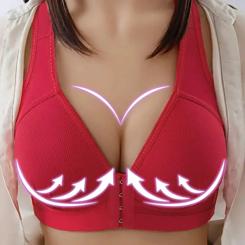 Push Up Front Button Bra by Simples Market in red, front-open bralette with full support.