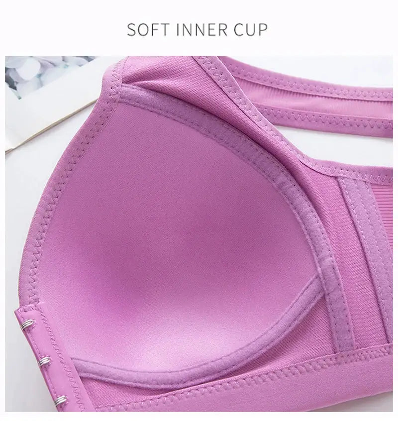 Pink push-up front-button bra with padded cups and soft inner cup