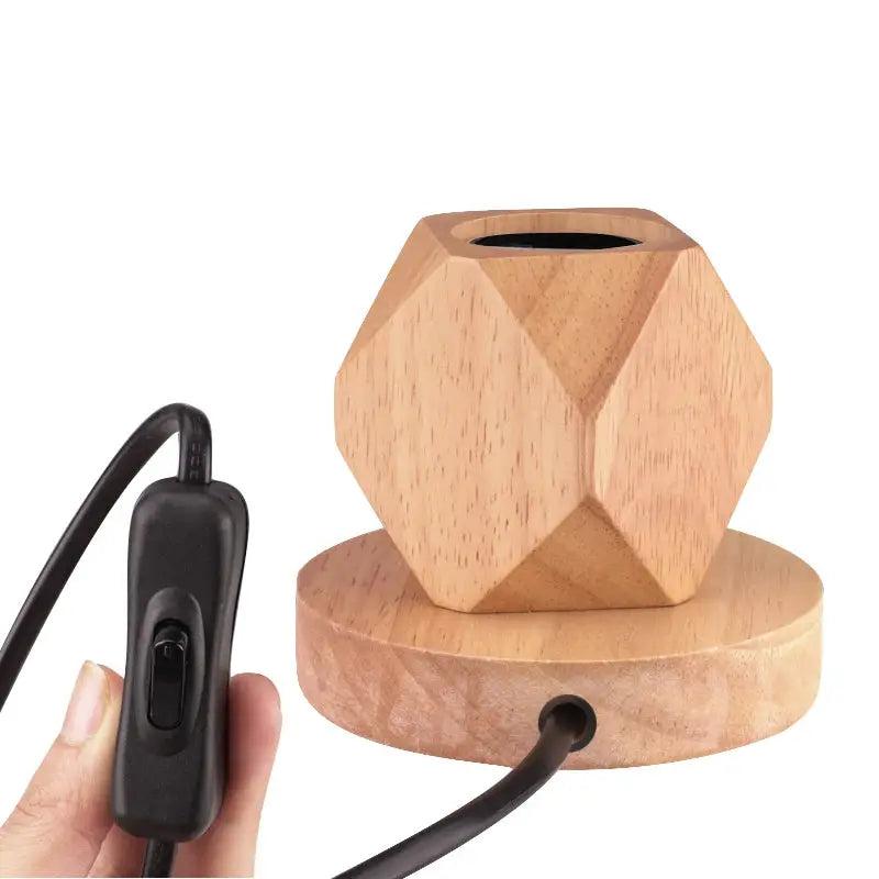 Modern retro wood table lamp with geometric polyhedron base and round wooden base, switch on cord.