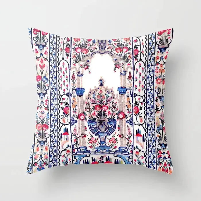 Pillow cover with Moroccan-style blue and pink floral pattern on white background, decorative cushion for living room