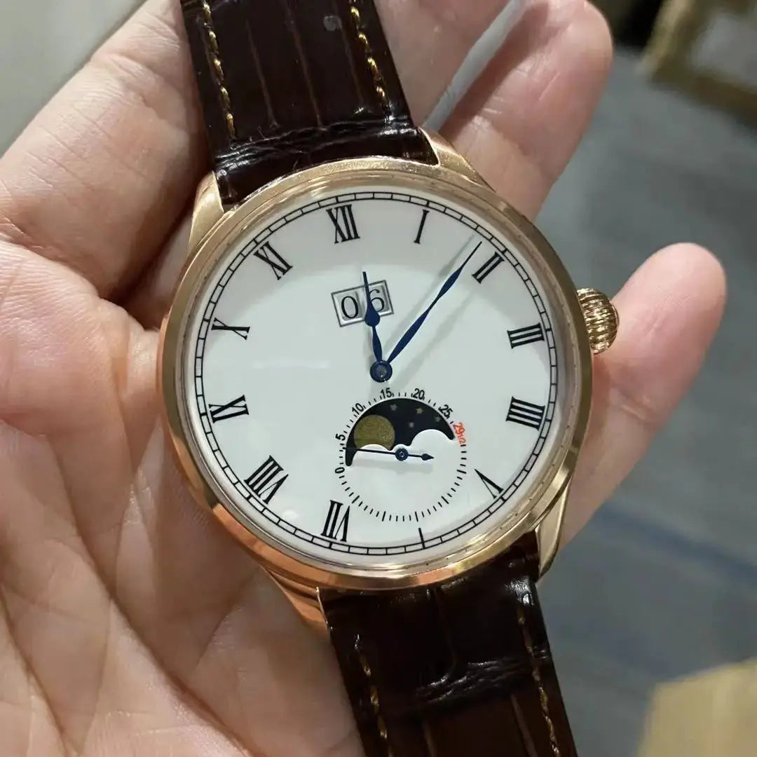 Sugess Tianjin ST25 moonphase watch with rose-gold case, white dial, Roman numerals, blue hands, brown leather strap