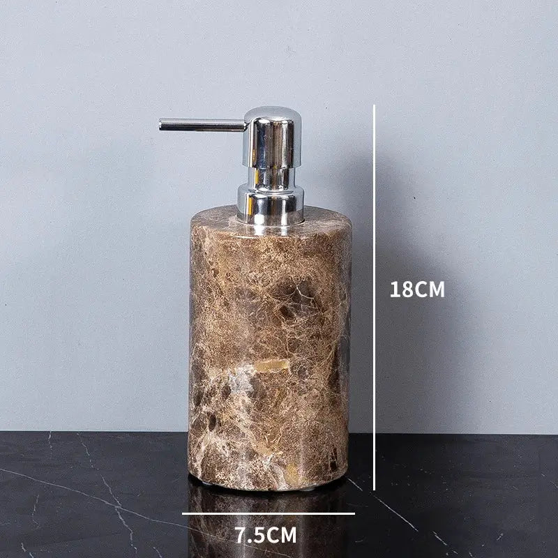 Emperador Dark marble soap dispenser with chrome pump; brown natural stone bathroom accessory by Simples Market