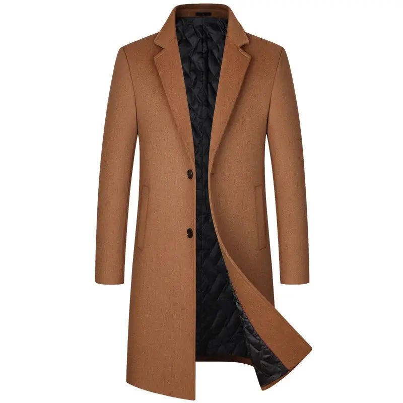 Men's camel wool coat with long silhouette and black quilted lining