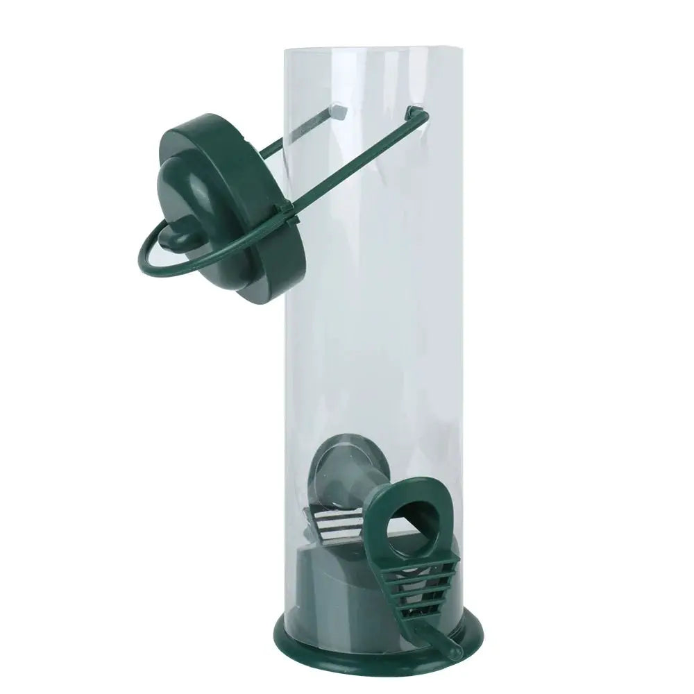 Hanging bird feeder with transparent tube and green feeding tray for garden birds