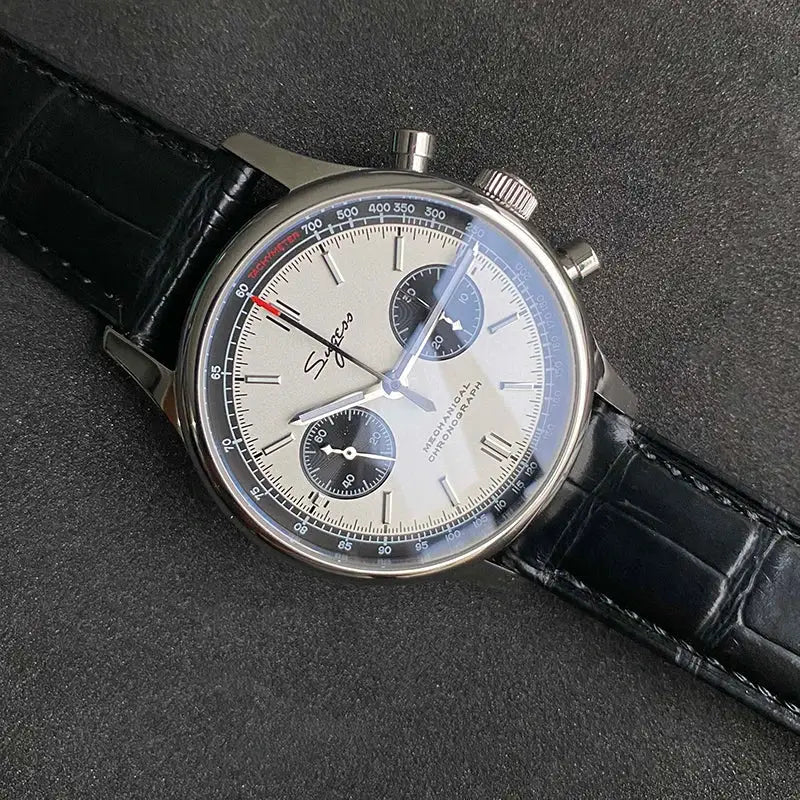 Simples Market limited edition pilot mechanical chronograph watch with white panda dial and black leather strap