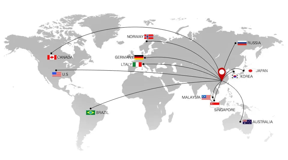 Dimmable LED cabinet lights by Simples Market - global shipping map with flags and routes