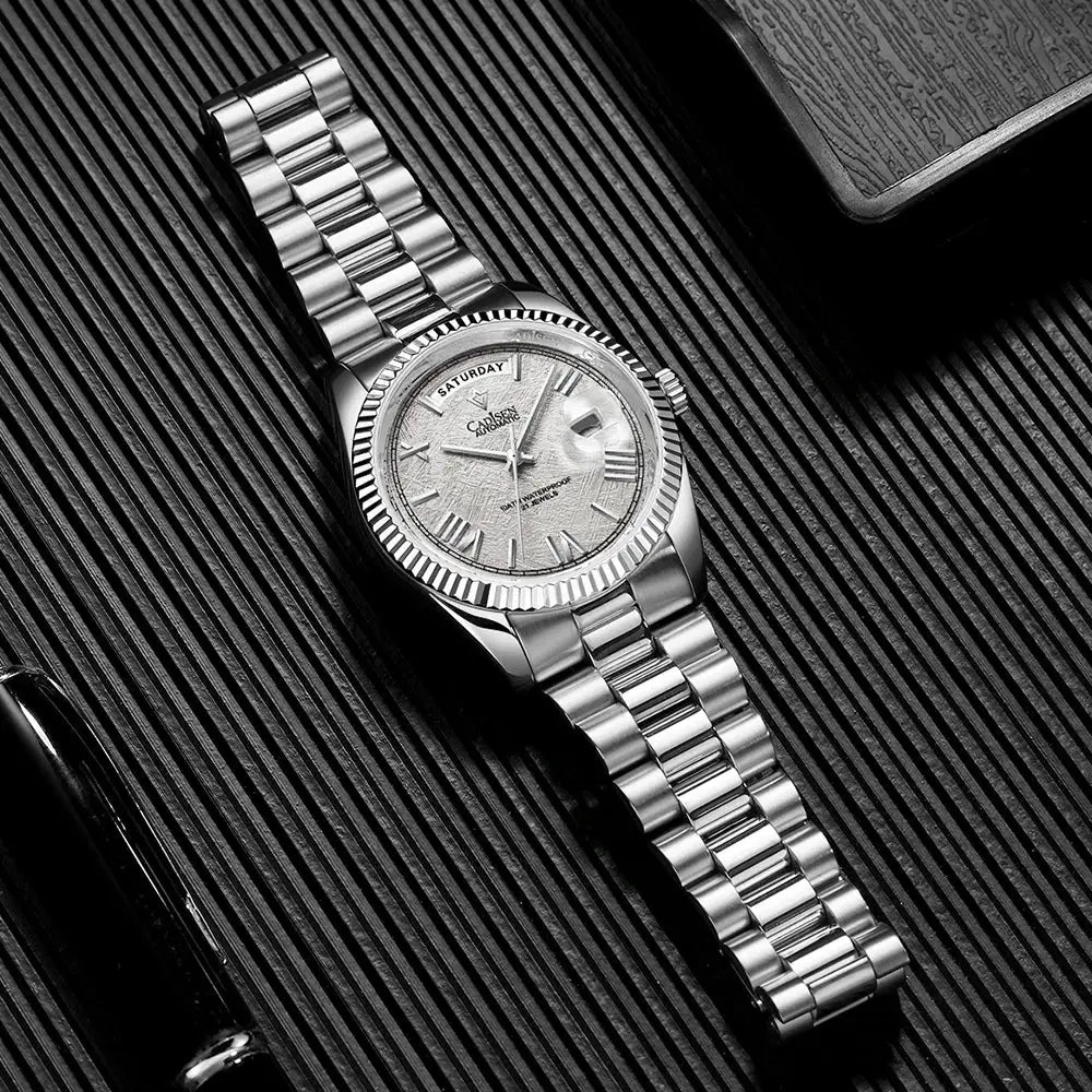 CADISEN men's stainless steel automatic watch with meteorite dial and day-date window