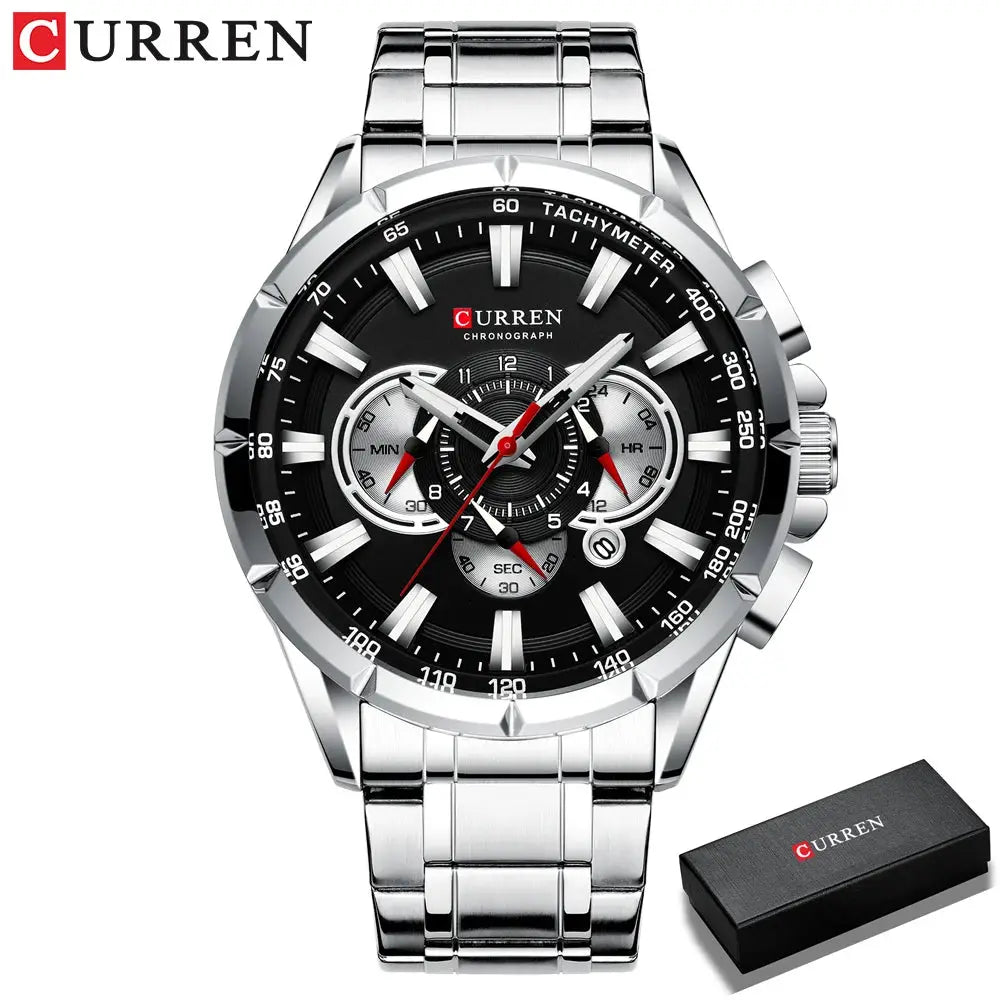 Curren men's chronograph watch with stainless steel band, black dial, luminous hands; includes box.