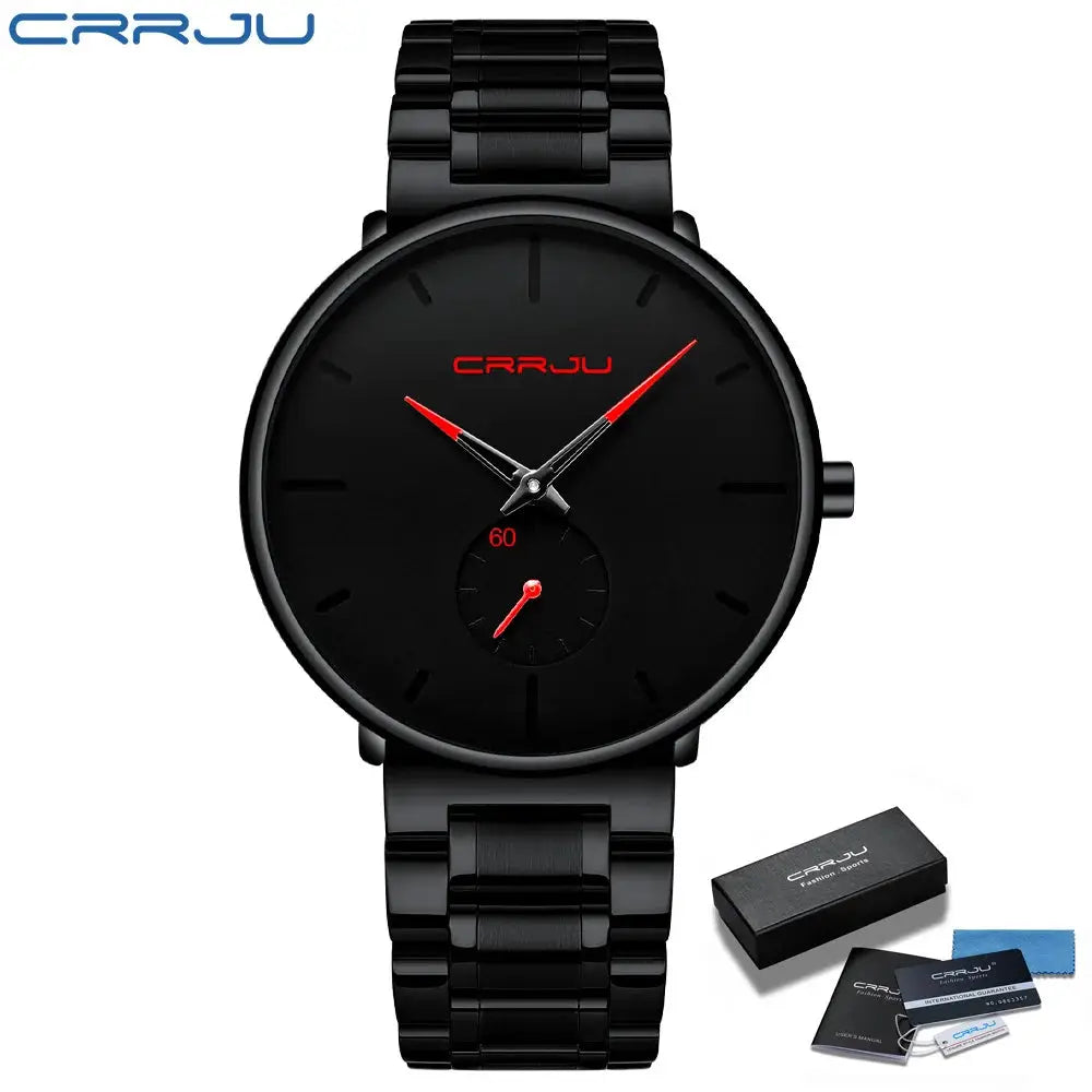 CRRJU black stainless steel men's wristwatch with red hands and subdial, includes box and papers